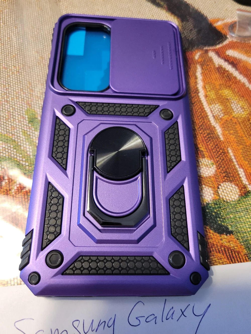 Purple Rugged Sliding Camera Cover Phone Case with Ring Stand